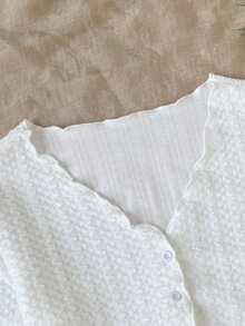 SHEIN Jaket Kardigan Putih Rajut Bergaris Leher V dengan Hiasan Ruffle untuk Remaja Perempuan Musim Gugur/Dingin, Cocok untuk Kembali ke Sekolah, dan Pakaian Serasi Ibu dan Anak. - Putih - View 4