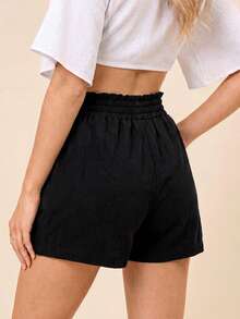 Coeurva Casual Vacation Solid Color Woven Loose Fit Women's Shorts - Black - View 8