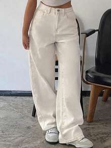 DAZY Casual Versatile Solid Color Straight Leg Denim Jeans - White - View 3