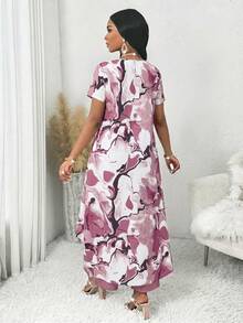 SHEIN Lady Women's Elegant Design 2pcs Set Round Neck Short Sleeve Allover Print Split Top And Comfortable Wide-Leg Pants - Multicolor - View 2