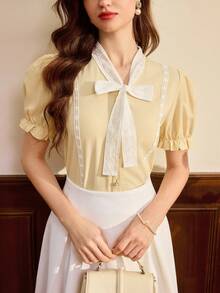 Vintamour Vintage Romantic Elegant Women Shirt Lace Floral Embroidery Color Block Bow Tie Button Puff Sleeve Casual Office Picnic Holiday Blouse For Summer - Pale Yellow - View 5