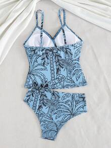 Swim Lushoire 女款成熟優雅度假風泳衣套裝：簡約黑色細肩帶V領比基尼上衣配熱帶植物印花，搭配優雅復古度假風高腰比基尼下裝，飾有黑銀編織滾邊。度假首選（適合春假、開學季 - 彩色 - 查看 8