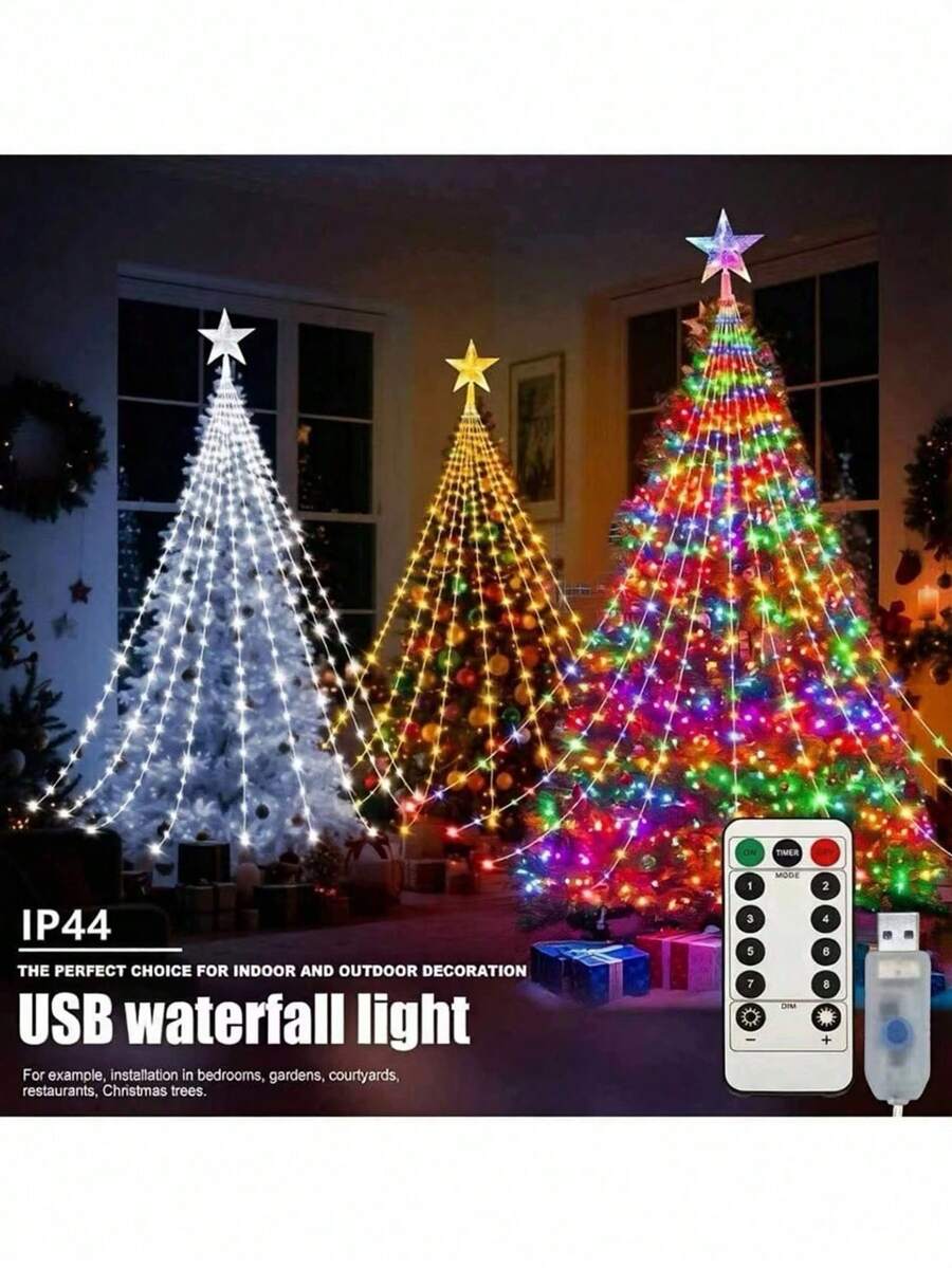 Christmas String Lights, Star Waterfall Style Christmas Decorative Lights (With 8 Lighting Modes And Remote Control Function), Suitable For Christmas Trees, Christmas Tree Gifts, Thanksgiving, Wedding Home Decorations, Autumn Decorations