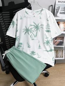 SHEIN 青少年男孩 2件套 熱帶印花 T恤與抽繩腰短褲 春季穿著；青少年男孩服飾；青少年男孩夾克，春季返校 - 薄荷綠 - 查看 4