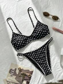 Swim Mod 棕色圓點印花荷葉邊飾可愛休閒海灘度假女款泳衣套裝 - 黑與白 - 查看 6
