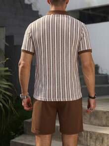 VENTUSAIL 男士短袖紋理布料 Polo 衫與短褲套裝，適合外出、聚會與度假穿著，假日款 - 棕色 - 查看 2