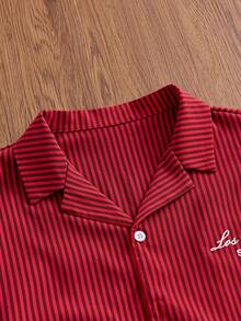 SWAVVY Men's Letter Print Striped 2 In 1 Casual Shirt - Red - View 3