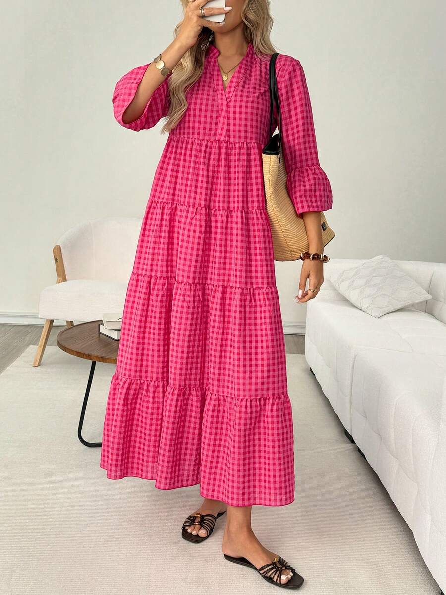 SHEIN LUNE 休閒女款夏季度假格子海灘洋裝