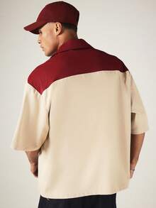 SUMWON Club Bowling Shirt With Contrast Color Block Yoke Short Sleeve Camp Collar Button Up Regular Fit - Khaki - View 2