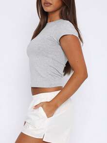 INAWLY Women's Solid Color Round Neck Short Sleeve Casual Versatile T-Shirt Everyday Light Grey Summer House - Light Grey - View 4