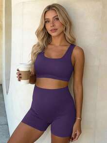 SHEIN Maternity Summer Solid Color Elastic Breathable Sports Bra And Shorts Set - Purple - View 1