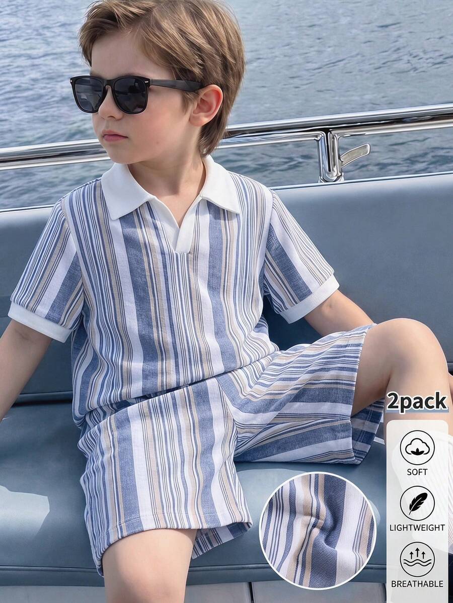 Souflis Souflis 2件套幼儿男童条纹拼接polo衫和短裤休闲套装,适合日常散步、幼儿园、家庭郊游 - 藍色 - 查看 1