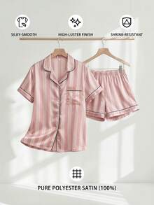 Veyra Day 2-Piece Pajama Set Short-Sleeved Shorts Striped Print Casual Women's Home Wear Set - Pink - View 2
