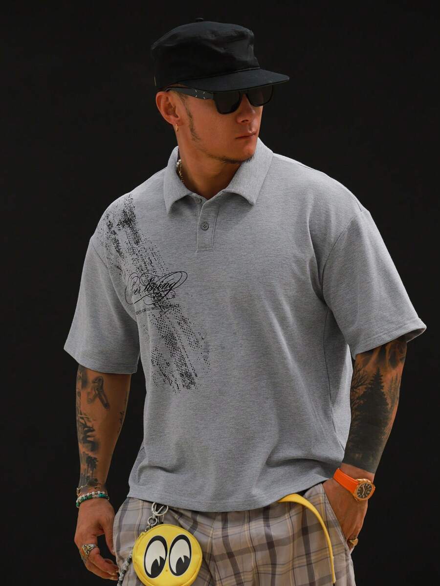 DAZY 夏季圖案印花灰色短袖街頭風男士 Polo 衫 - 灰色 - 查看 1
