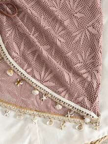 Swim Lushoire Women's Summer Beach Vacation Drawstring Ruched Starfish Shell Tassel Solid Color Special Texture Fabric Split Hem Skirt - Pink - View 6