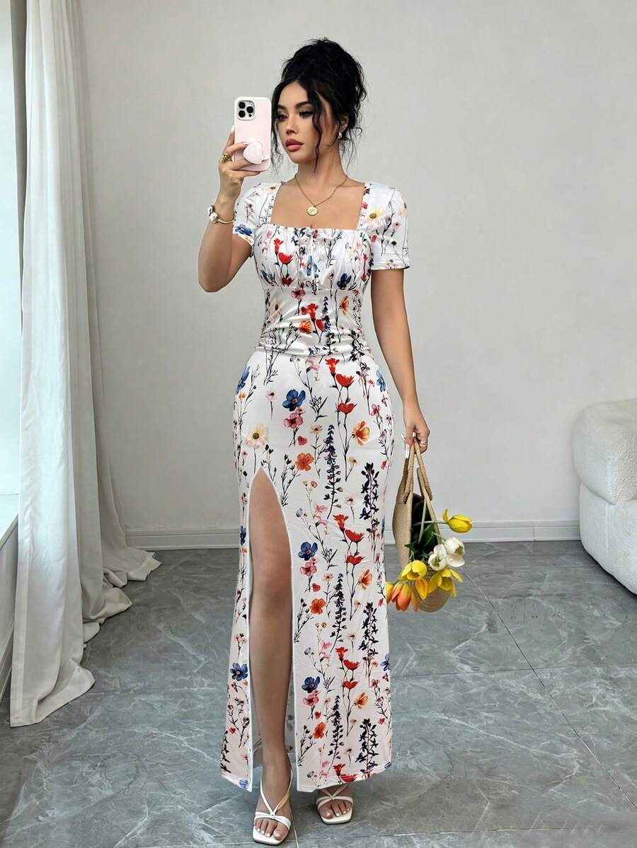 Rafferiza 女士夏季短袖连衣裙,数码印花度假连衣裙,沙滩度假连衣裙,开衩下摆,腰部褶皱长裙 - 白色 - 查看 1