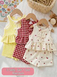 Conjunto de 2 piezas de top de tirantes de cuello redondo a rayas de punto y pantalones cortos para bebé niña - Mostaza Amarilla - Ver 1