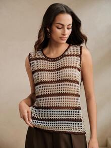 Anewsta Hollow Out Eyelet Contrast Color Knit Vest - Multicolor - View 3