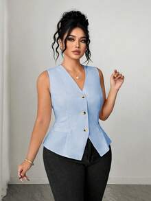 Elenzga Débardeur élégant bleu clair pour femmes grandes tailles, design nœud au dos, tissu texturé, manches à volants, sans manches, style Old Money, pour brunch et invitée de mariage - Bleu ciel - Voir 4
