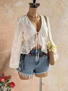 Soleia V-Neck Bell Sleeve Tie Ruffle Hem Blouse - White - View 6
