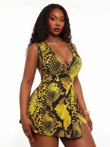 SHEIN SXY Plus Size Women Snake Skin Print Asymmetrical Hem Ruched Sexy Romper For Vacation - Yellow - View 5
