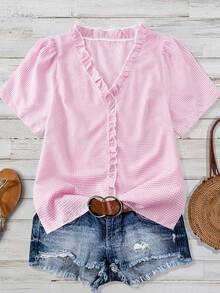 Linhara Women's Plus Size Solid Color Textured Fabric V-Neck Short Sleeve Casual Regular Shirt, Going Out Tops, Vacation, Club - Pink - View 6