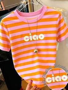 EMERY ROSE 女款短袖圓領印花T恤，印有「Ciao」字樣與對比條紋，寬鬆版型，亮粉色，適合夏季70年代派對、度假、Y2K休閒風格 - 彩色 - 查看 3