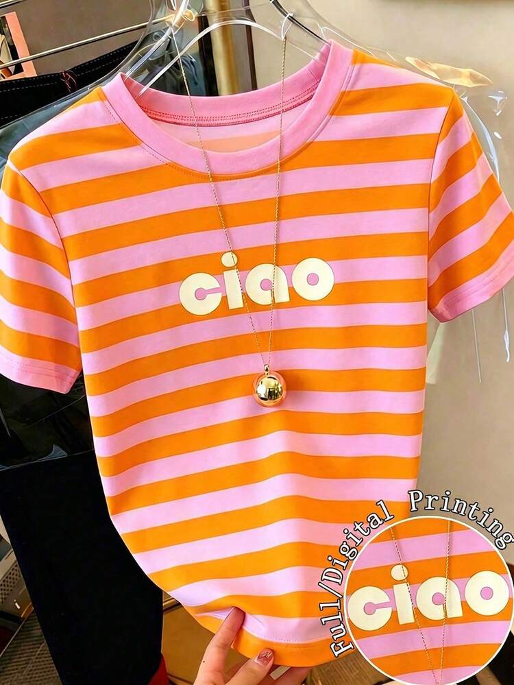 EMERY ROSE Women's Short-Sleeve Crewneck T-Shirt, Printed With "Ciao" And Contrast Stripes, Loose Fit, Suitable - Multicolor - View 3