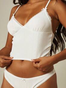 MISSGUIDED Pointelle Knit Cami Bralette And Bikini Brief Lounge Set With Lace Trim And Bow Detail - White - View 5