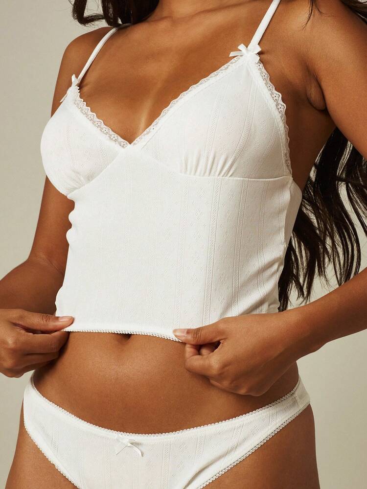 MISSGUIDED Pointelle Cami And Brief Set With Lace Trim