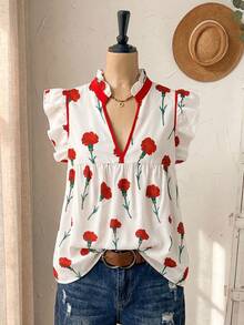 Elenzga Plus Size Women's Casual Daily Outing Fitted V-Neck Notch Collar Flutter Sleeve Floral Print Blouse - Multicolor - View 5