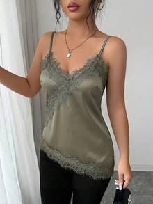 Rafferiza 女款優雅性感法式蕾絲時尚細肩帶背心上衣，適合夜晚外出與約會之夜，鼠尾草綠，夏季款 - 軍綠色 - 查看 3