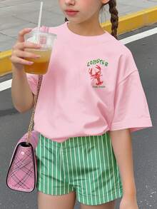 復古海灘度假風龍蝦條紋圖案，少女寬鬆圓領短袖T恤與短褲，隨機3款，發貨1套 - 彩色 - 查看 4