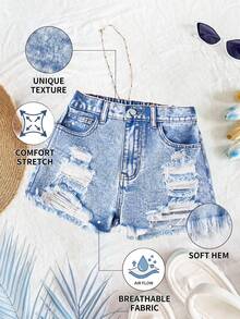 SHEIN Tween Girl Y2K Spring Summer Break Light Washed High Waist Ripped Raw Hem Denim Jeans Shorts With Raw Hem, Summer Beach Boho Vacation Shorts, Summer Concert Festival Casual Rave, Girls Summer Brunch Graduation - Light Wash - View 3