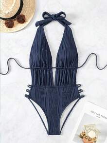 Swim SXY 女款夏季海灘深V掛脖露背抓皺鏤空一件式泳衣，適合海灘度假 - 藏蓝色 - 查看 3