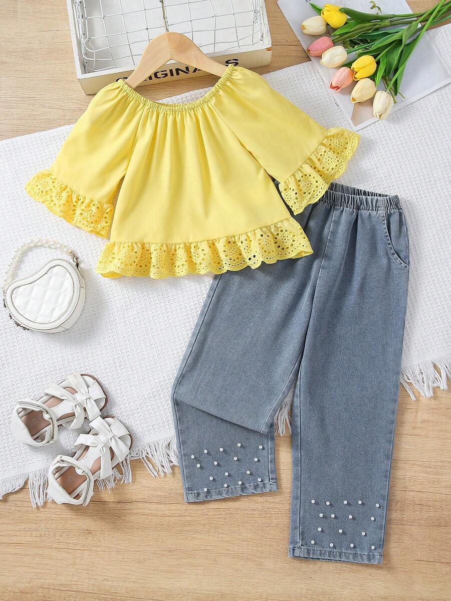 Elladie kids 女童2件組荷葉邊露肩上衣與珍珠裝飾牛仔褲，適合夏季日常穿著