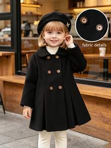 SHEIN Mantel Wol Hitam Berkerah Peter Pan Kancing Ganda untuk Anak Perempuan di Musim Gugur Saat Kembali ke Sekolah - Hitam - View 4