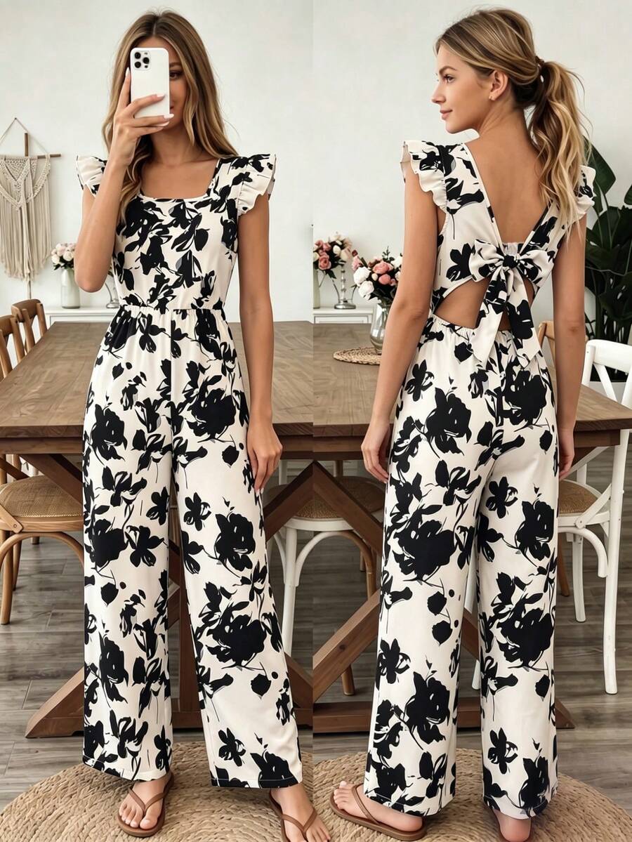 SHEIN Tween Girls Ruffle Collar Flutter Sleeve Detachable Belt Polka Dot Pleated Jumpsuit, Ruched Design, Flutter Sleeve Cap Sleeve, Ruffle Collar. Suitable For Daily Elegant Casual Vacation Party Holiday Shopping - Black - View 1