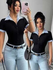 SHEIN PETITE Hot-Selling Blue And White Striped Shirt Collar Patchwork Black Knit Placket Button Decor Short Sleeve Cuff Patchwork Blue And White Striped Knit T-Shirt - Black - View 3