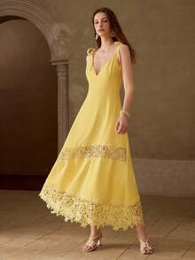 MOTF PREMIUM WOMEN'S CONTRAST LACE SPAGHETTI STRAP DRESS - Yellow - View 3