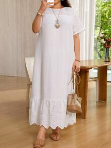 Rosumi Women's Plus Size Mixed Fabric Patchwork All White Dress Summer Outfits For Women Going Out Party Outfits Vacation Outfits Autumn Outfit Elegant - White - View 5