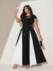 Viva Relle Plus Size Pearl Patchwork Formal Dress Brown Contrast Color Flared Dress Summer Elegant Wedding Guest Gala Birthday Party Hollow Waist - Black and White - View 4