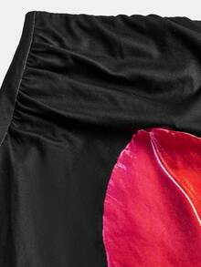 SHEIN Tween Girl's Casual Floral Print Cropped Cami Top And Mini Skirt Set, Suitable For Beach Vacation, Party, Country, Music Festival, Spring/Summer - Black - View 3