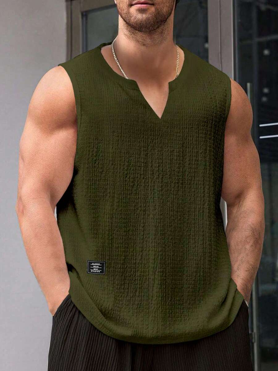 Manfinity Homme Men's Solid Color Notch V-Neck Casual Versatile Daily Outing Top - Army Green - View 1