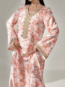 SHEIN Najma 女款花卉印花鉤編拼接長袖洋裝，端莊優雅A字版卡夫坦 & 賈拉比亞長裙，適用於晚宴/婚禮賓客/週年紀念/日常穿著 - 珊瑚橙 - 查看 1