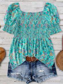Linhara Square Neck Puff Sleeve Vintage Ditsy Floral Cinched Waist Plus Size Shirt - Green - View 2
