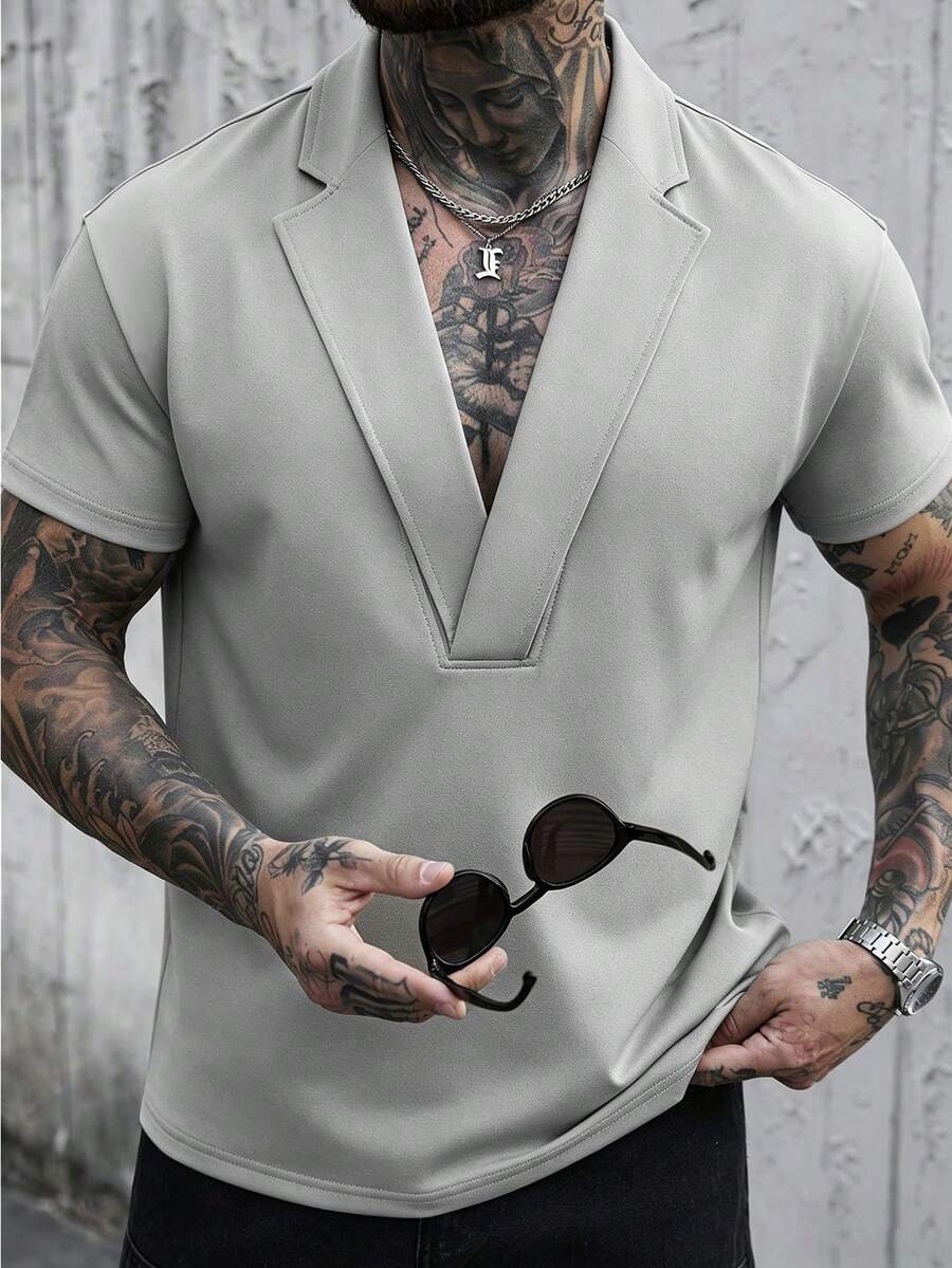 Manfinity CasualCool T-shirt casual da uomo con colletto alla coreana, versatile, a maniche corte, per uso quotidiano e vacanze - Grigio - Visualizzare 1