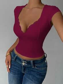 INAWLY Áo thun nữ cổ tim ren màu tương phản tay lửng ôm sát gợi cảm - Màu Đỏ Sâu - Xem 6