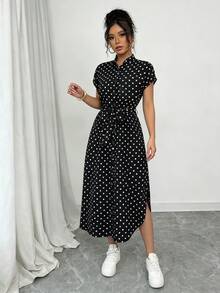 SHEIN Raffinéa 女款休閒度假旅行豹紋前扣鈕扣腰帶蝴蝶結口袋側開衩 2025 夏季新款短袖長洋裝 - 黑色 - 查看 4