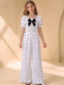 1 buah Jumpsuit Anak Perempuan Motif Polkadot Hitam Putih Lengan Mengembang dengan Hiasan Pita, Cocok untuk Pantai, Makan Siang Akhir Pekan, Pesta, Musim Semi/Panas - Putih - View 6